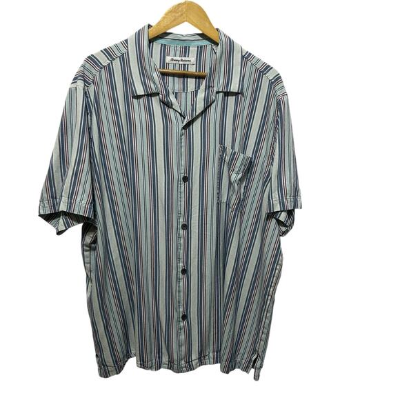 Tommy Bahama Mens XXL Silk Shirt Beige Blue Stripe Button Up Camp Retro - Picture 1 of 8